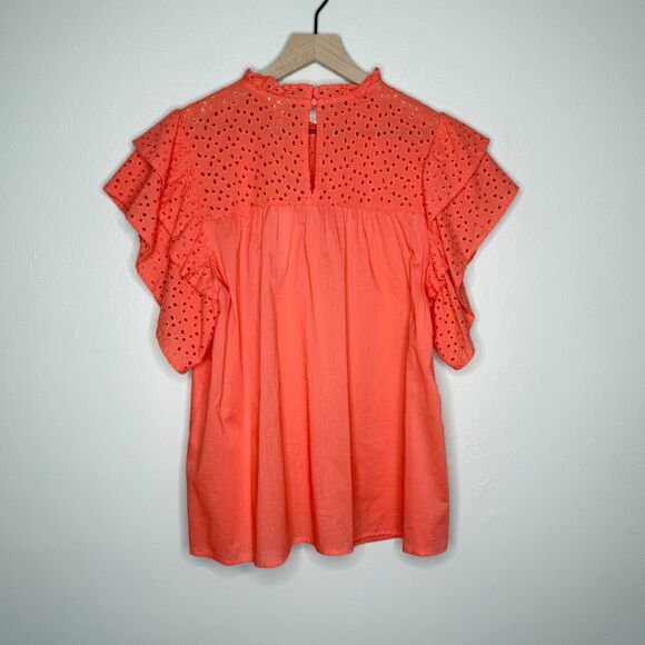 A New Day‎ Womens Blouse XL Orange Coral Eyelet Sheer Light Ruffle Summer Boho - Picture 2 of 11
